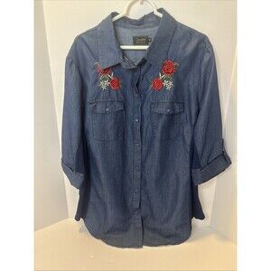 Cavalini Womens Embroidered Denim Top Size 3XL Roll Tab Sleeves Button Up Shirt